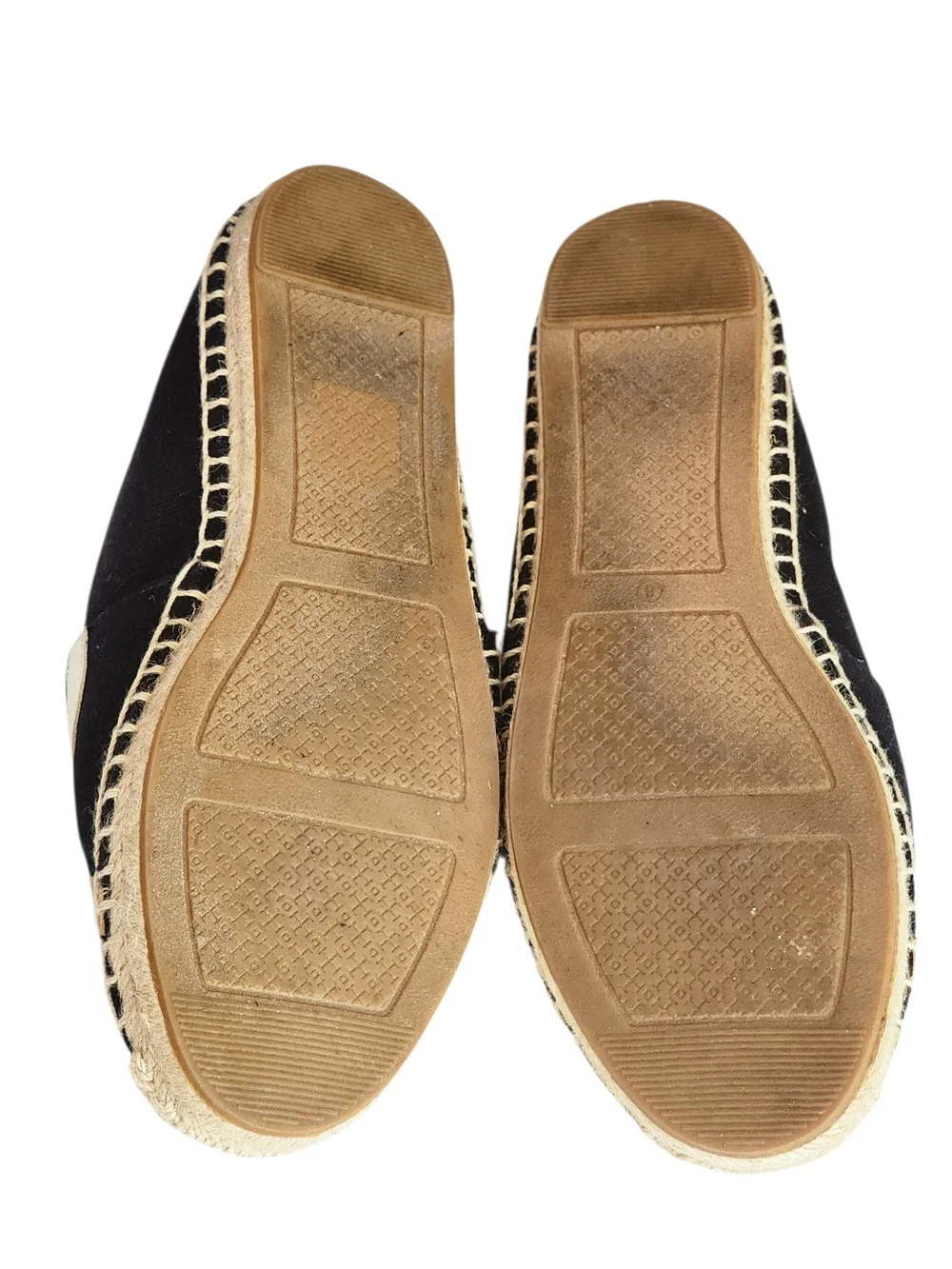 Tory Burch Black Espadrilles with Tan & White Logo Trim